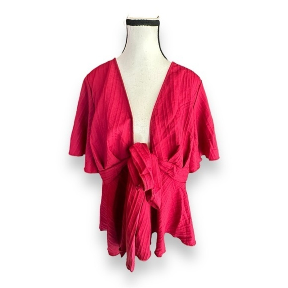 Women’s 2X Deep Red Flutter Sleeve Tie Front Open Peplum 18 20 XXL